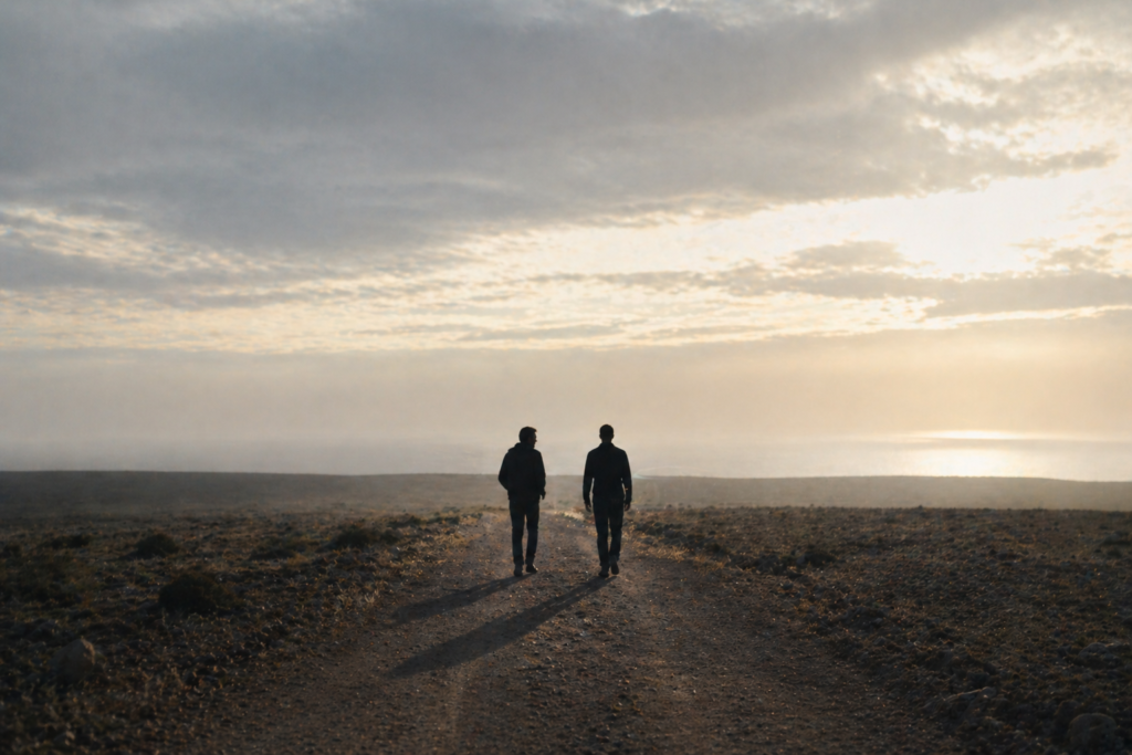 Deux hommes marchant de dos sur un sentier aride vers l'horizon au coucher du soleil, illustrant le partage spirituel et la marche à la suite de l'Évangile.