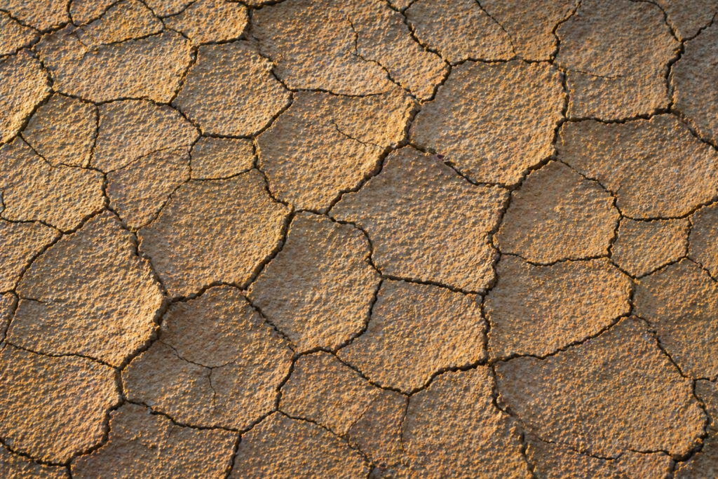 Gros plan macro d'une surface de terre sèche et craquelée, illustrant la tension et la lente transformation de la vie intérieure.