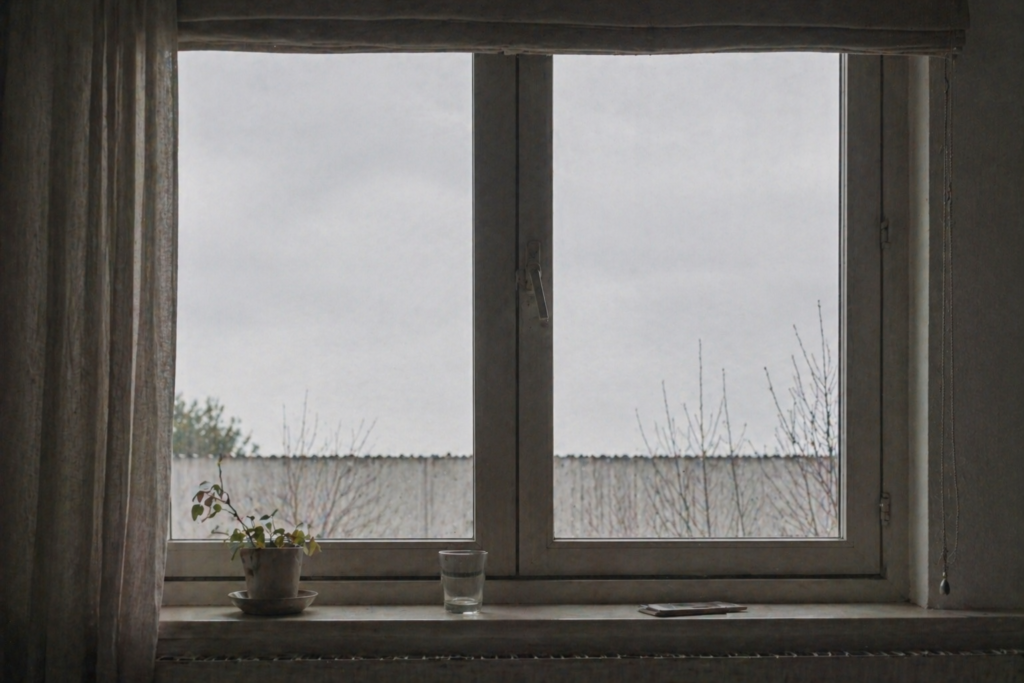 Vue intérieure d'une fenêtre un matin de grisaille avec une plante et un verre sur le rebord, illustrant la fatigue ordinaire et la répétition des jours.