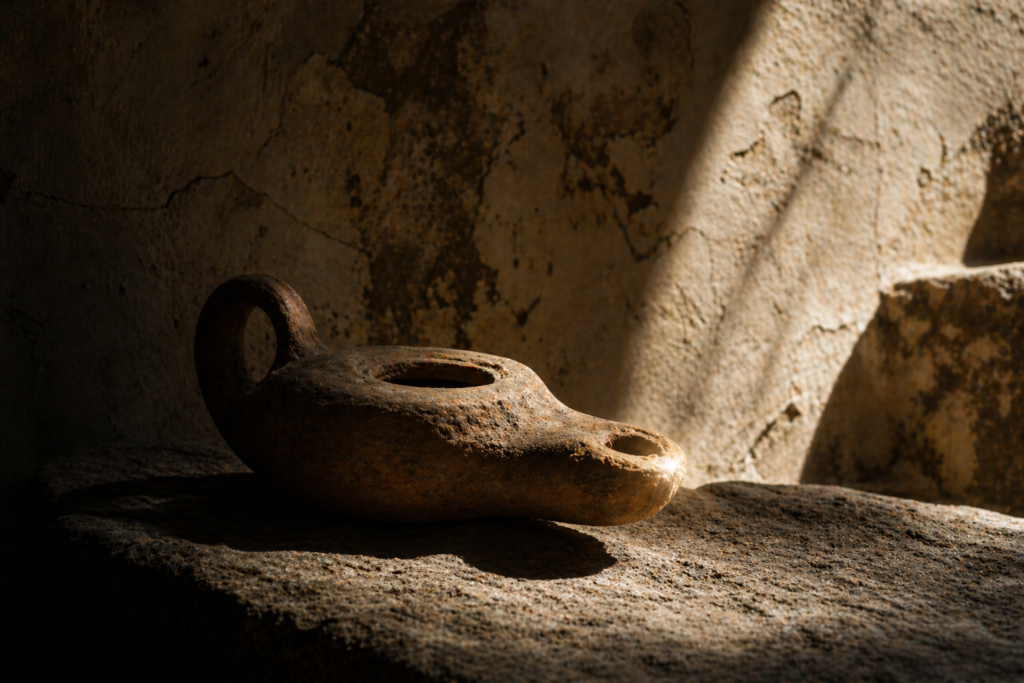 Ancienne lampe à huile en terre cuite éclairée par un rayon de lumière, symbolisant la recherche de la vérité sur Jésus de Nazareth.