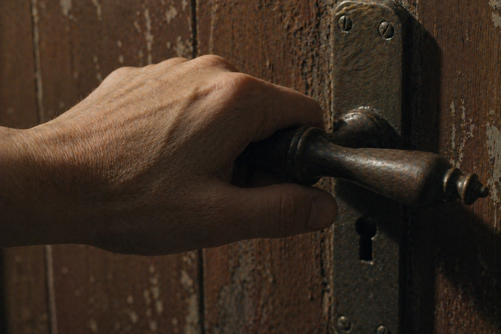 Gros plan d'une main immobile posée sur une poignée de porte ancienne en métal, symbolisant le moment suspendu avant la décision et l'action.