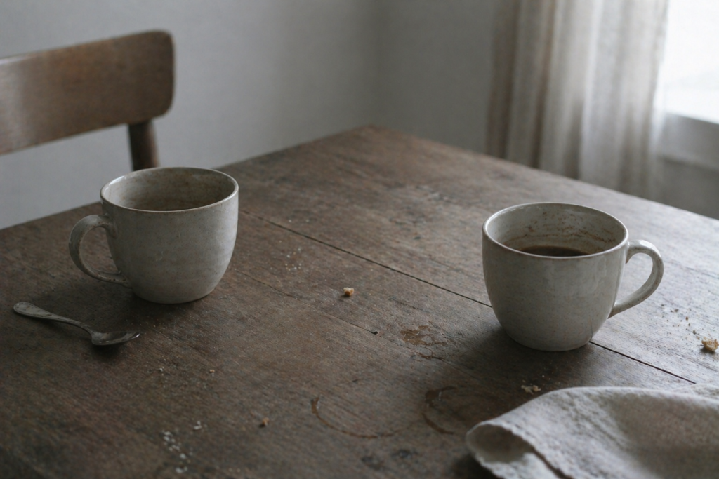 Deux tasses de café usagées sur une table en bois avec des miettes et des traces d'eau, symbolisant la persévérance et l'ordinaire des relations.