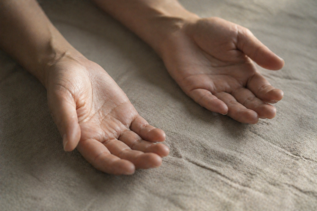 Gros plan de deux mains nues formant un creux pour recevoir sur une surface de lin, illustrant le don gratuit des sacrements.