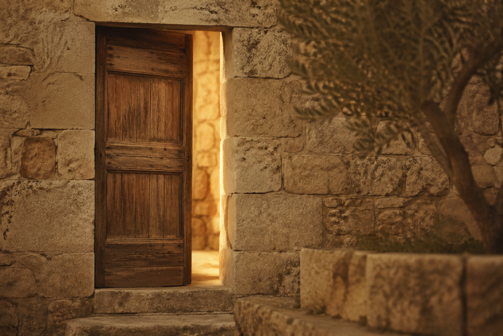 Une porte ouverte sur un intérieur lumineux dans un bâtiment en pierre, symbolisant le « seuil » et l'invitation à entrer dans un espace de réflexion et d'écoute de l'Évangile.